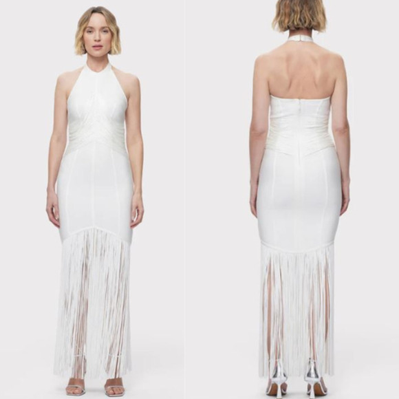NWT Herve Leger Draped Waist Halter Fringe Gown Alabaster Women's Size Medium - Picture 1 of 8